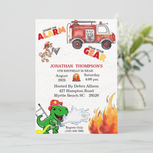 T Rex Firemans 5. Geburtstagsparty Einladung (Stehend Vorderseite)