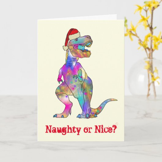 T Rex Funny Festive Naughty oder Nice Dinosaurier Karte (Gelbe Blume)