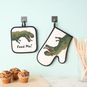 T-Rex Füttre mir! Dinosaur Tyrannosaurus Ofenhandschuh & Topflappen-Set