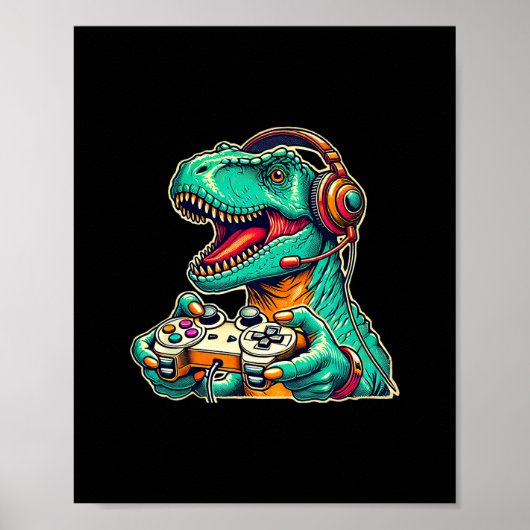 T-Rex Gaming mit Headset Lustiger Dinosaurier-Game Poster (Vorne)