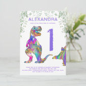 T. rex girls 1. Geburtstag Party lila Einladung (Stehend Vorderseite)