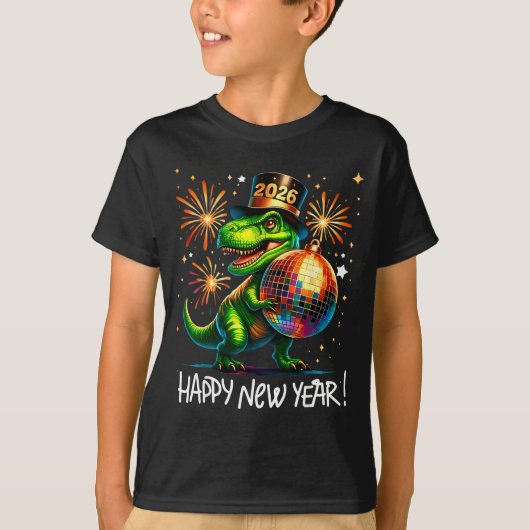 T Rex Happy New Year 2026 Disco Ball Fireworks Tee (Vorderseite)