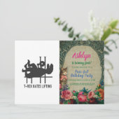 T-rex hasst Heben - Farbe im Hintergrund auswählen Einladung (Stehend Vorderseite)