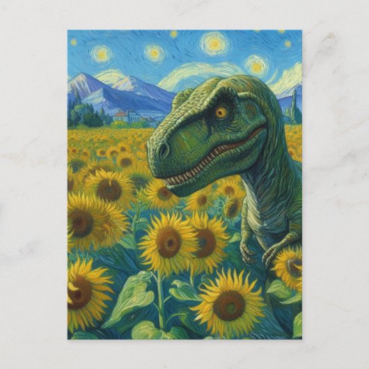 T-Rex im Sonnenblumenfeld Van Gogh Postkarte (Vorderseite)