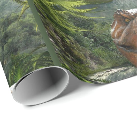 T Rex in der prähistorischen Landschaft Geschenkpapier (Rolleneckpunkt)