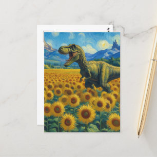 T-Rex in einem Sonnenblumenfeld Postkarte