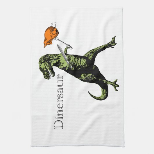 T-Rex isst Huhn mit Messer u. Gabel: Ein Geschirrtuch (Vertikal)