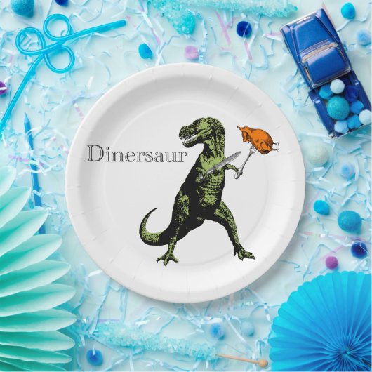 T-Rex isst Huhn mit Messer u. Gabel: Ein Pappteller (Party)