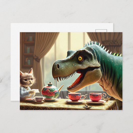 T-Rex, Kätzchen, Tee-Party Postkarte (Vorne/Hinten)