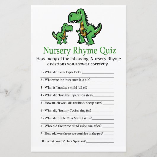 T-rex Kinderzimmer Rhyme Quiz Babydusche (Vorderseite)