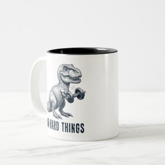 T-Rex macht harte Dinge Zweifarbige Tasse (Vorderseite Links)