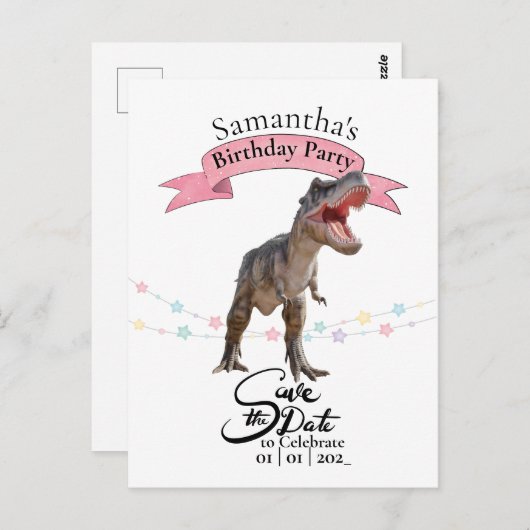 T Rex, Mädchen Save the Date Postkarte (Vorne/Hinten)