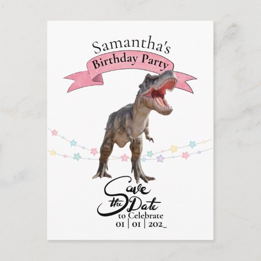 T Rex, Mädchen Save the Date Postkarte (Vorderseite)