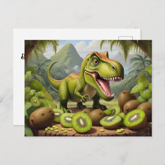 T-Rex mit Kiwi Postkarte (Vorne/Hinten)