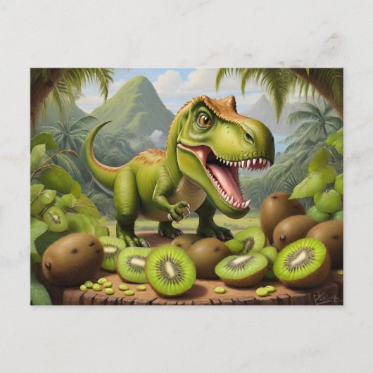 T-Rex mit Kiwi Postkarte (Vorderseite)