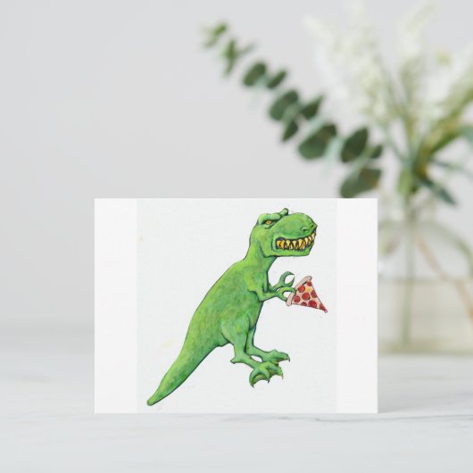 T-Rex mit Pizza Postkarte (Stehend Vorderseite)