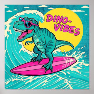 T-Rex mit Sonnenbrille und fährt auf einem Neonpin Poster