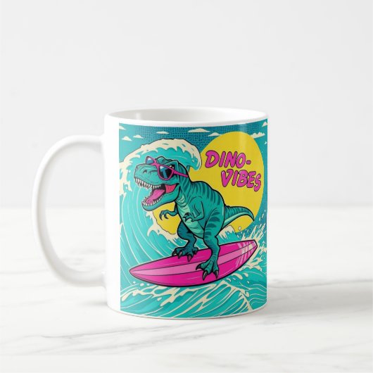 T-Rex mit Sonnenbrille und Neonrosa Kaffeetasse (Links)