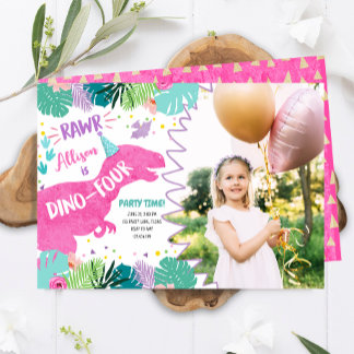 T-Rex Pink Dinosaur Girl Dino Vier Geburtstag Einladung