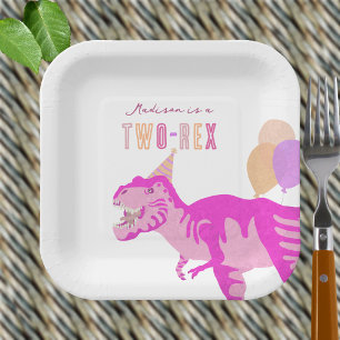 T-Rex Pink Niedlich Zwei-Rex Dinosaur Geburtstagsp Pappteller
