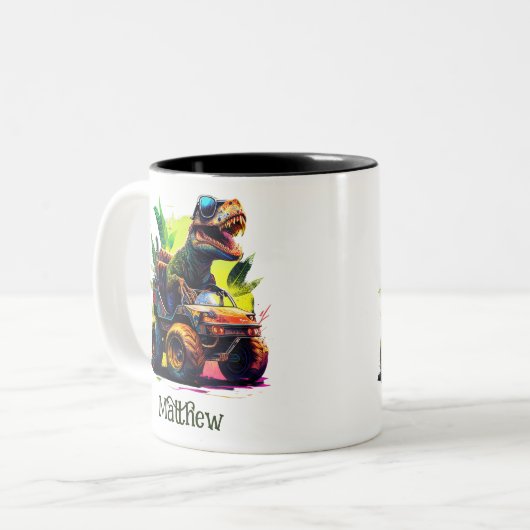 T-Rex Reitmonster Truck Dinosaurier Name Zweifarbige Tasse (Vorderseite Links)