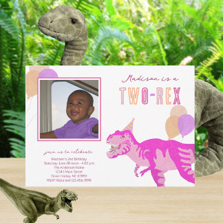 T-Rex Rosa Foto Zwei-Rex-Niedliches 2. Geburtstags Einladung
