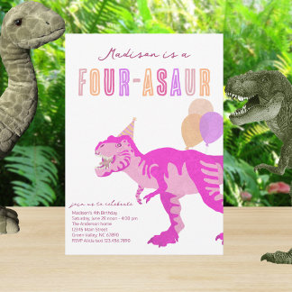 T-Rex Rosa Vierter-Asaur-Dino Vierte Geburtstagspa Einladung