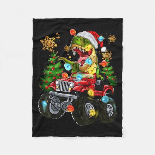 T-rex Santa In Monster Truck With Christmas Trees Fleecedecke (Vorderseite)