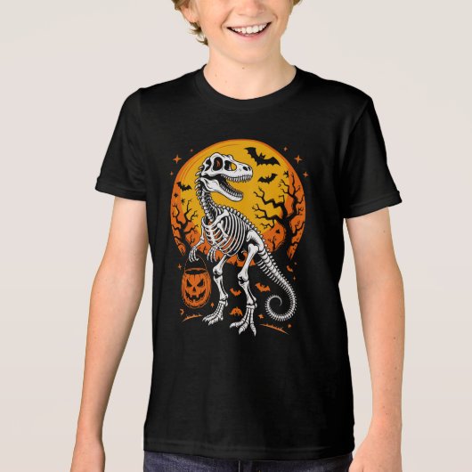 T-Rex Skeleton Halloween Pumpkin Pail und Fledermä Tri-Blend Shirt (Vorderseite)