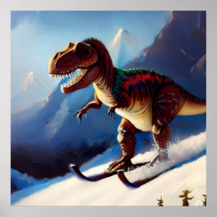 T Rex Skiing Poster