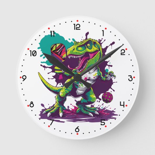 T-REX SMASH O'CLOCK Pickleball Runde Wanduhr (Vorderseite)