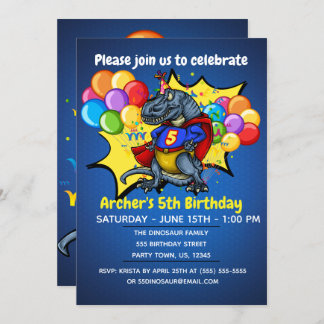 T-Rex Superhero 5. Geburtstag Einladung