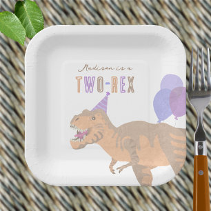 T-Rex Tan Niedlich Zwei-Rex Dinosaur Geburtstagspa Pappteller
