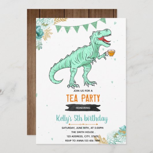 T-rex Teemännchen-Party Einladung (Vorne/Hinten)