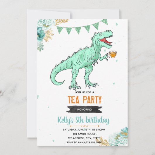 T-Rex-Teeparty Mädchen Einladung (Vorderseite)