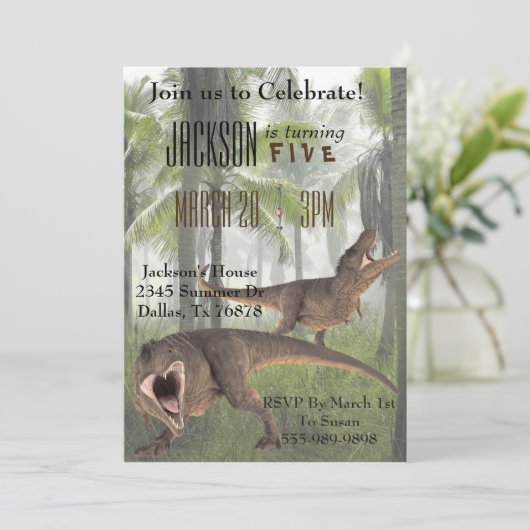 T-Rex Tyrannosaurus Rex Dinosaur Birthday Invite Einladung (Stehend Vorderseite)