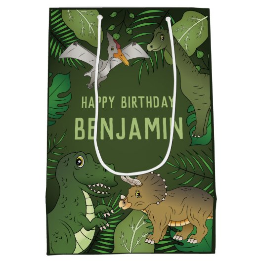 T-rex und andere Dinosaurier Niedlicher Glückwunsc Mittlere Geschenktüte (Rückseite)