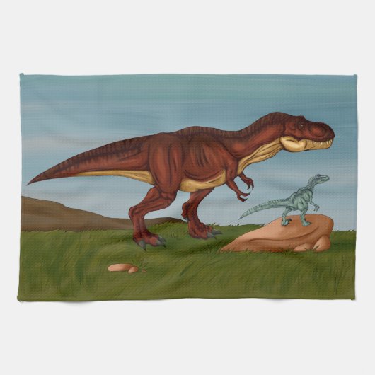 T-Rex und Velociraptor Geschirrtuch (Horizontal)