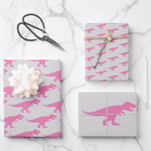 T-Rex Weihnachtskönig Dinosaurier Rosa Grau Power Geschenkpapier Set