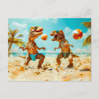 T-Rexes spielen Ball am Strand Feiertagspostkarte