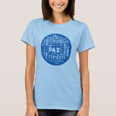 T Shirt Blue Multi Language Peace Design. (Vorderseite)