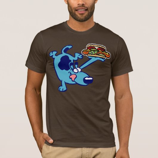 T - Shirt Chicagos Hotdog-2 (blauer Cartoonhund) (Vorderseite)