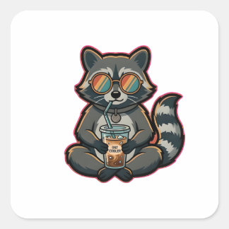 T-Shirt Cooler Waschbär trinkt Hafermilch-Eiskaffe Quadratischer Aufkleber