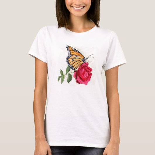 T - Shirt der Frauen mit Monarch Butterfly auf Rot (Vorderseite)