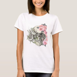 T-Shirt für Frauen mit Totenkopf und rosa Rosen 