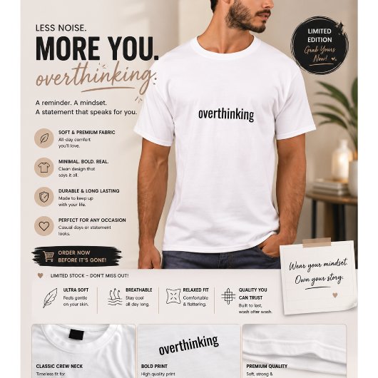 T-Shirt für Männer mit Aufschrift "Overthinking" -