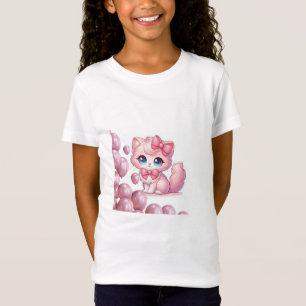T-Shirt Mädchen Rosa Kawaii Katze mit Schleifen