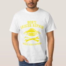 T - Shirt mit dem Saucer-Repair-Logo des gelben Bo