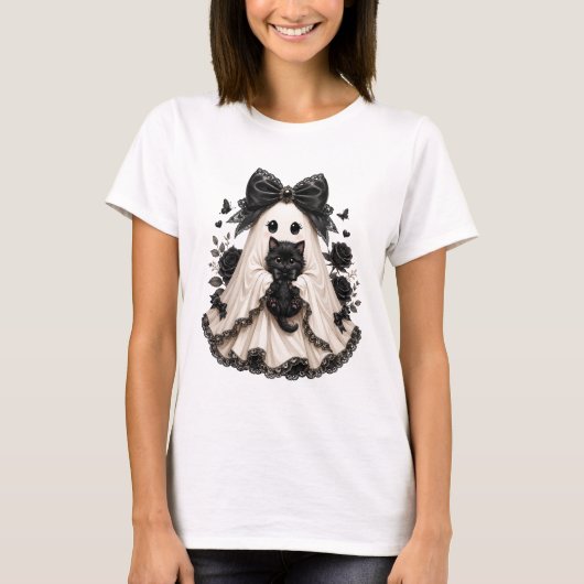 T-Shirt mit Geist und schwarzer Katze im gotischen (Vorderseite)