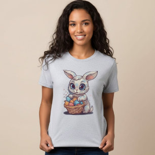 T-Shirt mit Osterhasen und Ostereierkorb für Damen